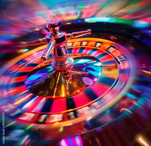 Roulette table, An elegant gold-themed casino setting with a roulette wheel as the main element. The minimalist composition offers ample copy space for customization.