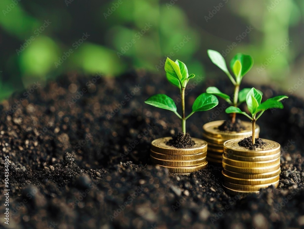 A vibrant image showcasing small plants growing atop stacks of golden coins, symbolizing financial growth and sustainability. A vibrant image showcasing small plants growing atop stacks of golden coins, symbolizing financial growth and sustainability.