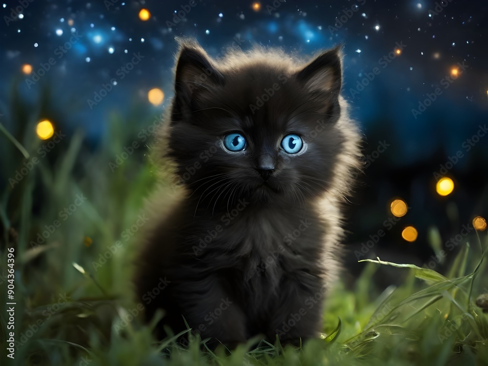 cute black kitten with blue eyes under starry sky cute black kitten with blue eyes under starry sky