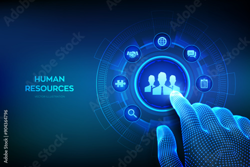 Human Resources. HR management, recruitment, employment, headhunting business concept. Human social network and leadership. Wireframe hand touching digital interface. Vector illustration.