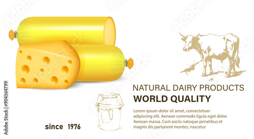 Vector realistic sausage cheese packaging. Design template for the layout, close-up, isolated, front view.