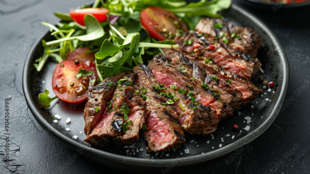 Grilled beef steak slices served with fresh salad and cherry tomatoes Grilled beef steak slices served with fresh salad and cherry tomatoes