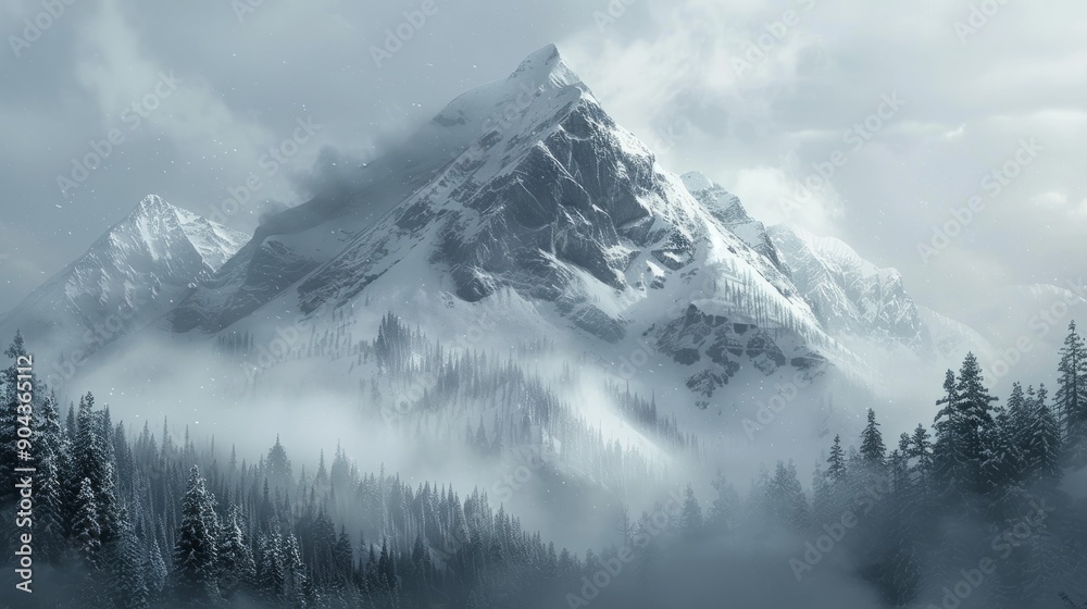 Obraz premium Snow-capped mountain surrounded by pine forest in winter mist