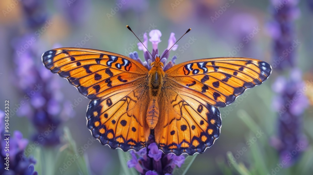 Naklejka premium Monarch of the spanish fritillary butterfly feeding on lavender flowers in a garden