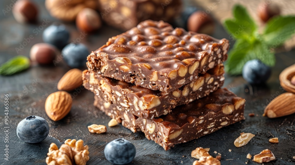 Close-up of walnut stack tasty treats with mixed nuts and berries on dark surface