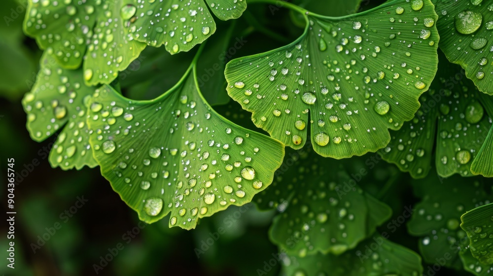 Close-up of water droplets on green ginkgo leaves after rain in nature garden Close-up of water droplets on green ginkgo leaves after rain in nature garden