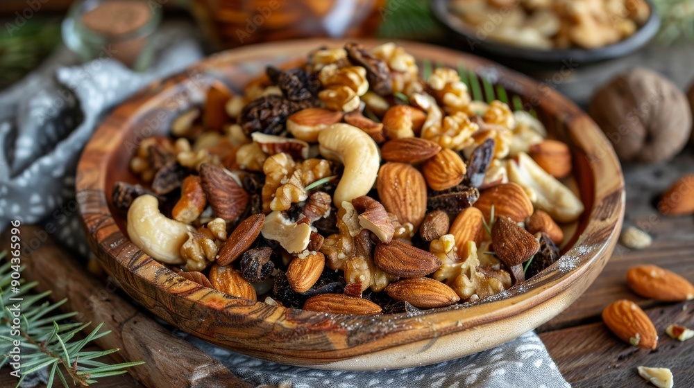 Close-Up of a Wooden Bowl Filled with Almonds, Cashews, Walnuts, and Dried Fruit, wooden bowl, nuts, snack Close-Up of a Wooden Bowl Filled with Almonds, Cashews, Walnuts, and Dried Fruit, wooden bowl, nuts, snack