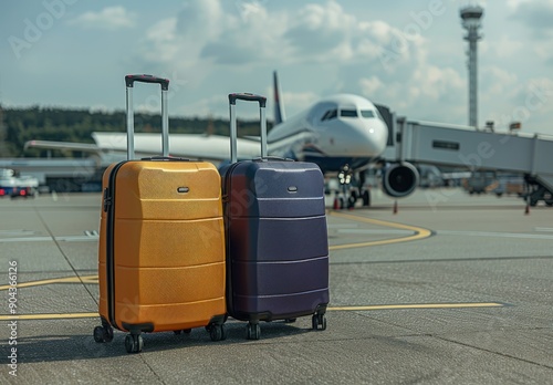 Suitcases on an airport background, one is yellow and purple with wheels, in front of an airplane.