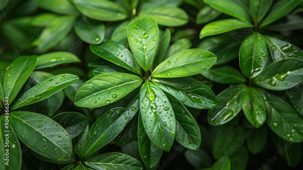 Fresh green schefflera foliage with water droplets in a lush indoor setting Fresh green schefflera foliage with water droplets in a lush indoor setting