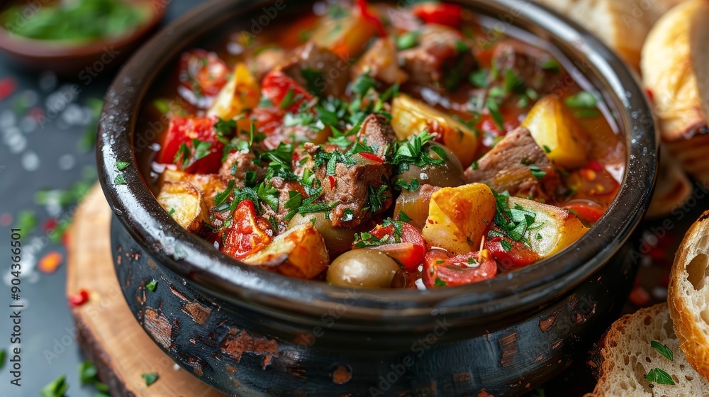 Portuguese style stew with tomato and olive sauce served in rustic pot Portuguese style stew with tomato and olive sauce served in rustic pot