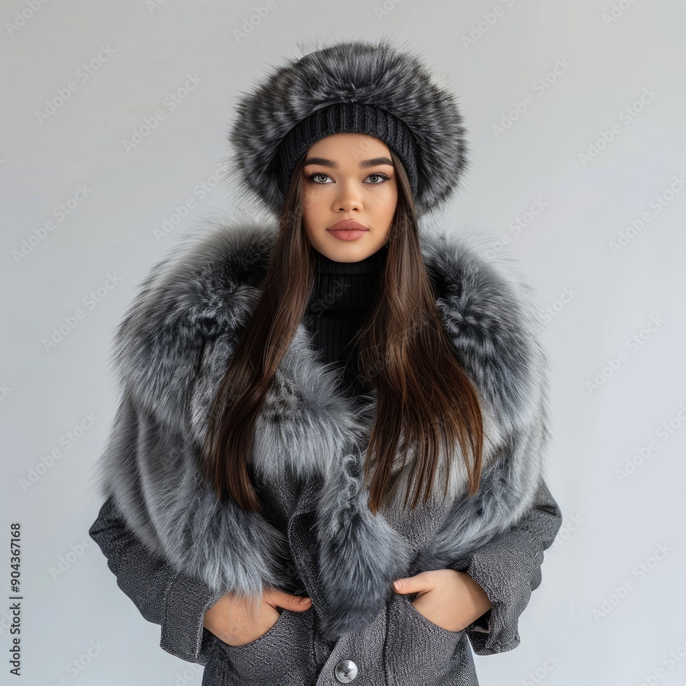 Medium shot of young woman in a hat with earflaps and a fur coat, hands in pocket, isolated on a white background Medium shot of young woman in a hat with earflaps and a fur coat, hands in pocket, isolated on a white background