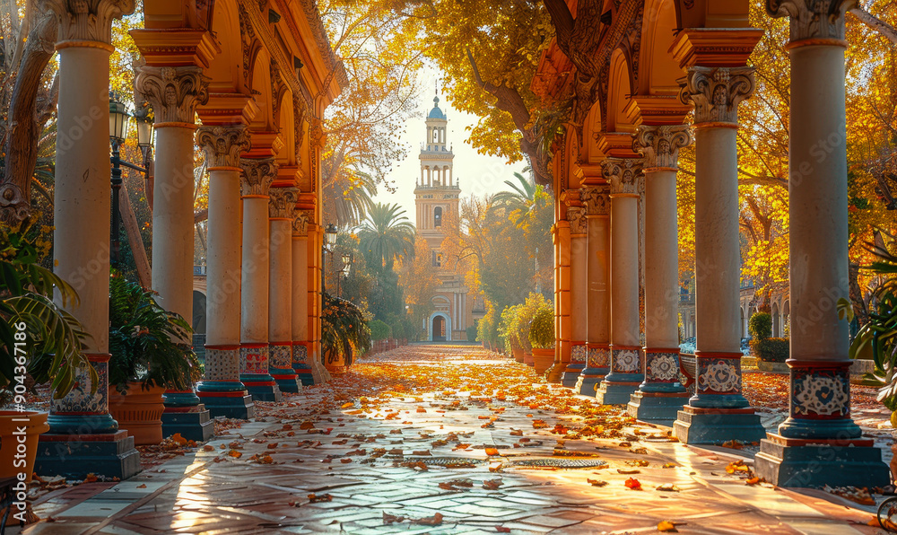 Fototapeta premium Sunlit Constitution Avenue in Seville City Center with Scenic Spanish Architecture and Leaf-Strewn Path in Morning Light, February 7, 2020 - Captivating Urban Landscape and Historic Charm