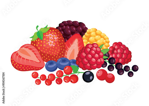 Pile of different berries vector illustration. Fresh berry fruit icon set vector isolated on a white background. Strawberries, raspberries, blueberries, cranberries, red currants drawing