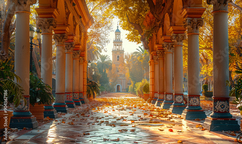 Sunlit Constitution Avenue in Seville City Center with Scenic Spanish Architecture and Leaf-Strewn Path in Morning Light, February 7, 2020 - Captivating Urban Landscape and Historic Charm