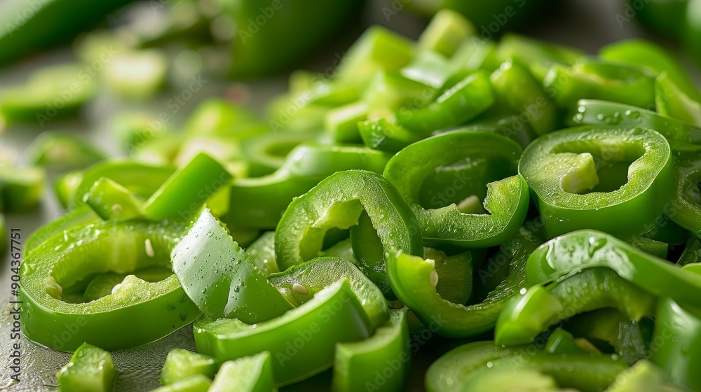Freshly sliced green bell peppers for cooking in a kitchen setting Freshly sliced green bell peppers for cooking in a kitchen setting