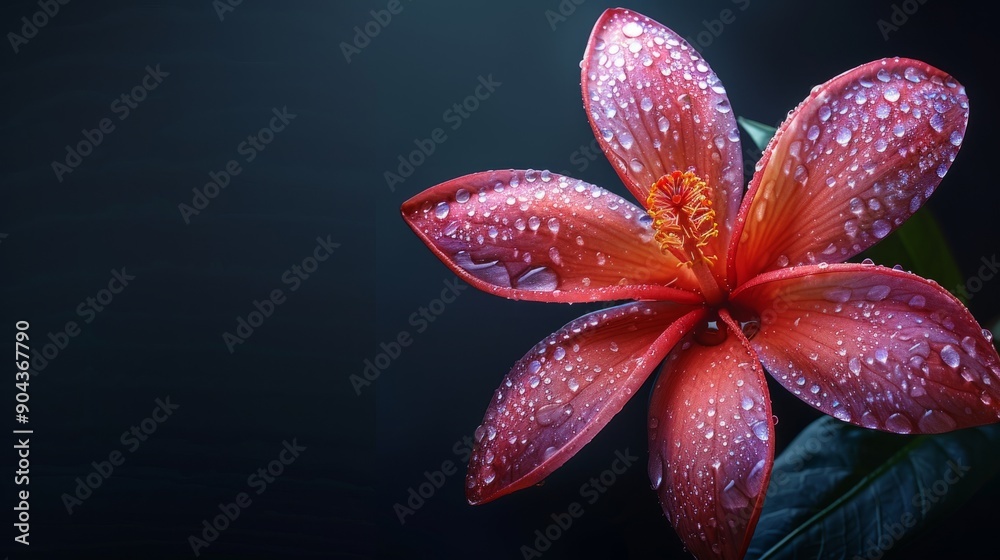 Night blossom of tropical pink red petal flower with dew drops in dark atmosphere Night blossom of tropical pink red petal flower with dew drops in dark atmosphere
