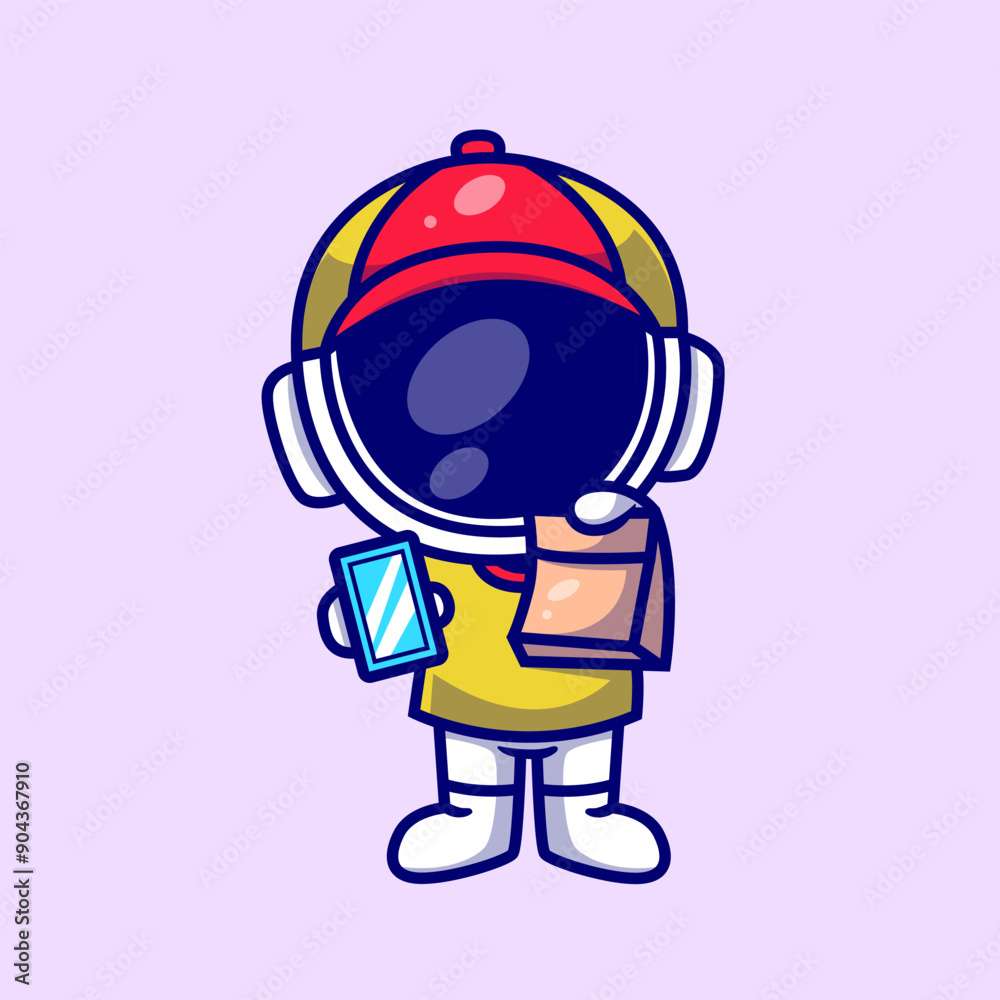 Fototapeta premium Cute astronaut courier service cartoon icon illustration