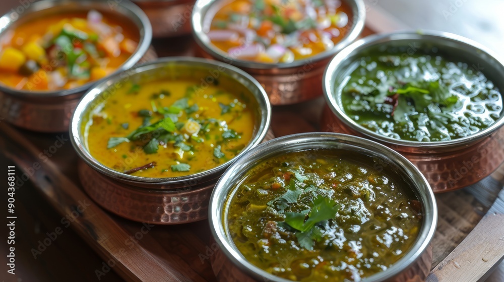 Traditional gujarati cuisine served in copper bowls with fresh ingredients Traditional gujarati cuisine served in copper bowls with fresh ingredients