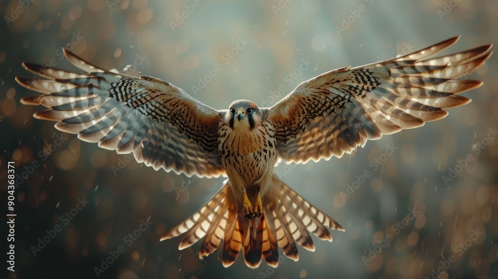 Fototapeta premium Kestrel bird of prey hovering in sunlight over a meadow