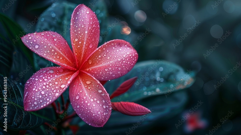 Tropical pink red petal flower covered in dew at night Tropical pink red petal flower covered in dew at night