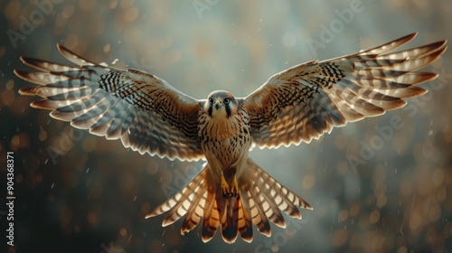 Kestrel bird of prey hovering in sunlight over a meadow