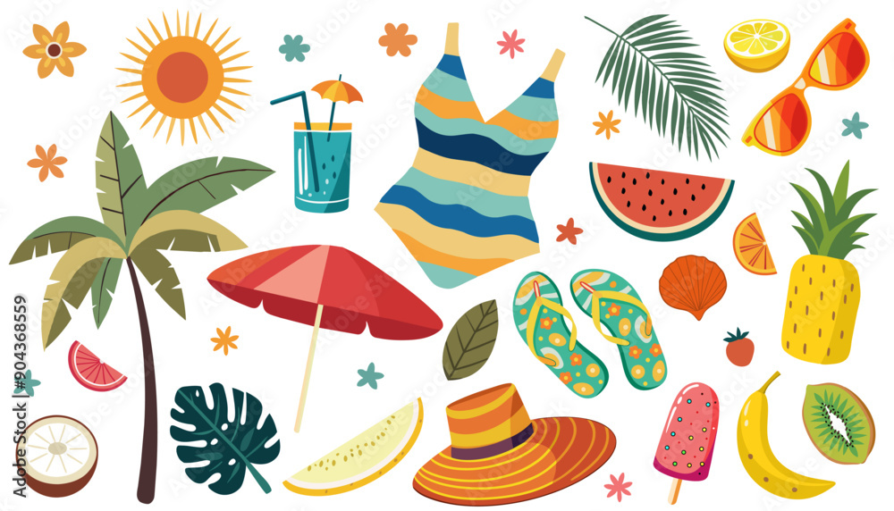 Hand drawn set of tropical summer elements with fruits, palm, plants, swimsuit, hat, cocktail, ice cream. Cartoon style vector illustration. Hand drawn set of tropical summer elements with fruits, palm, plants, swimsuit, hat, cocktail, ice cream. Cartoon style vector illustration.