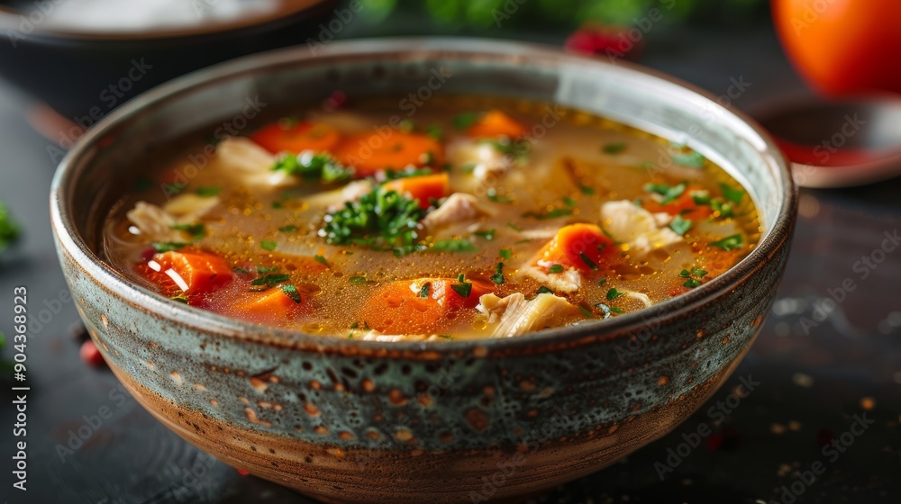 Homemade chicken soup with vegetables in rustic bowl on kitchen table Homemade chicken soup with vegetables in rustic bowl on kitchen table