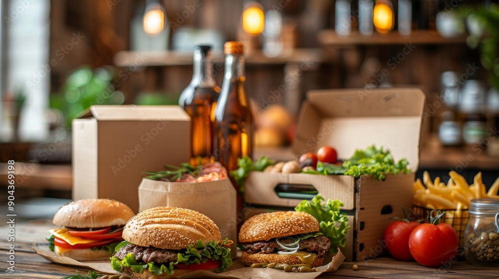 Delicious food delivery packages with burgers and fries in a cozy restaurant setting
