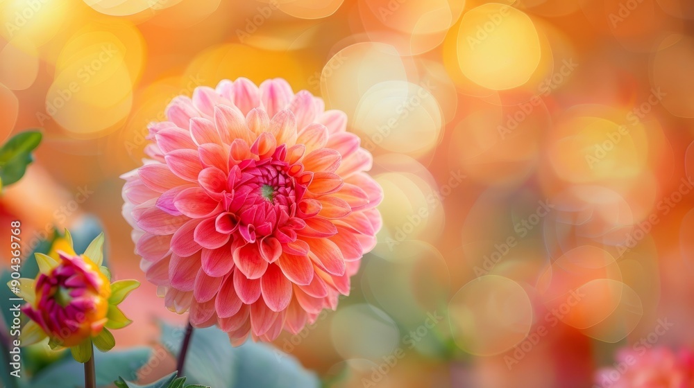 Fototapeta premium Vibrant dahlia blossoming against a blurred autumn background