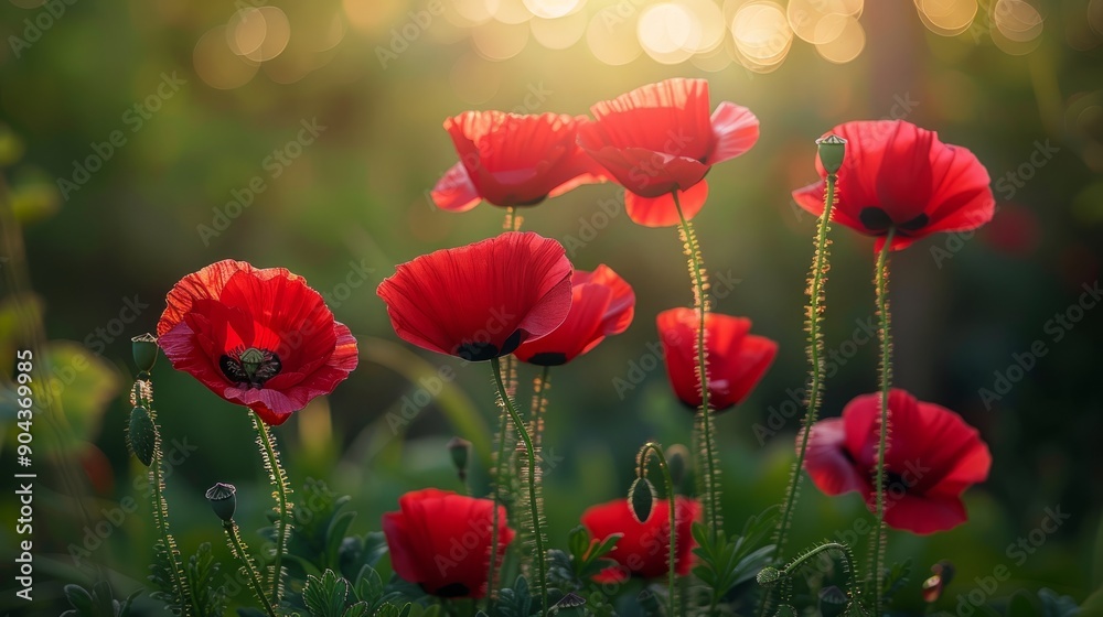 Fototapeta premium Blooming red poppies in a meadow during springtime