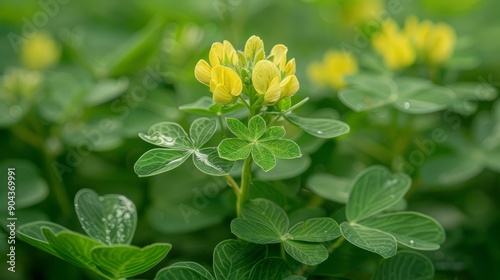 Yellow flowering medicago arborea among lush greenery in natural habitat