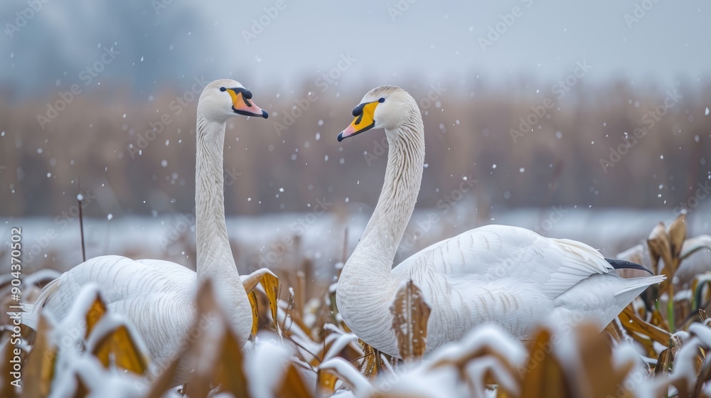 Fototapeta premium Bean goose and whooper swan wintering on cornfield