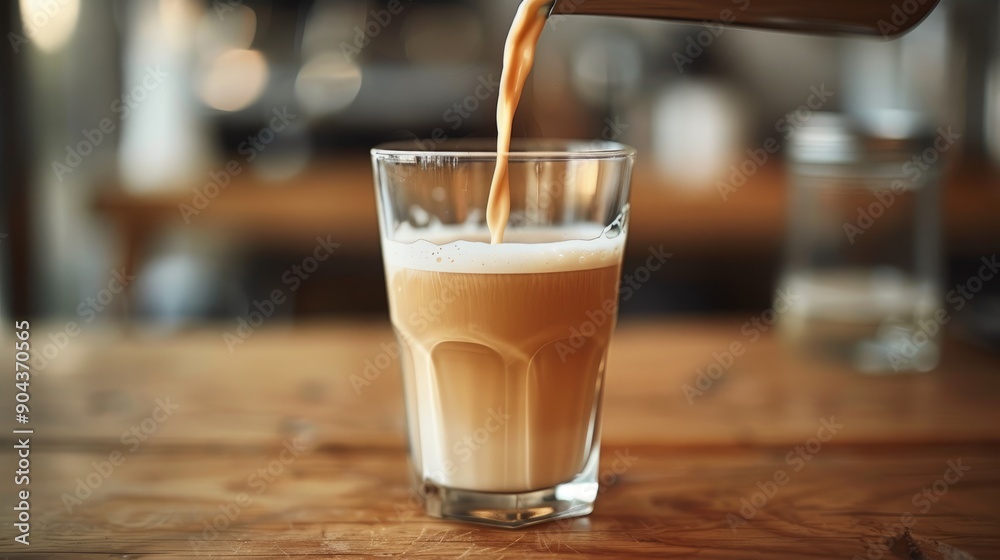Morning coffee and milk blend being poured into a glass on wooden table Morning coffee and milk blend being poured into a glass on wooden table