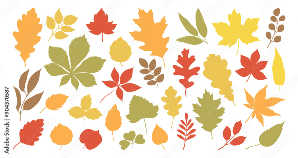 Set of silhouettes of different tree leaves, oak, maple, chestnut. Simple, yellow, red, orange fall leaves for pattern, banner, sticker, Hallo autumn card. Flat vector illustration on white background Set of silhouettes of different tree leaves, oak, maple, chestnut. Simple, yellow, red, orange fall leaves for pattern, banner, sticker, Hallo autumn card. Flat vector illustration on white background