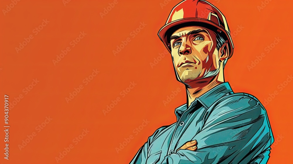 Obraz premium A man in a blue shirt and a red hard hat is standing in front of an orange background