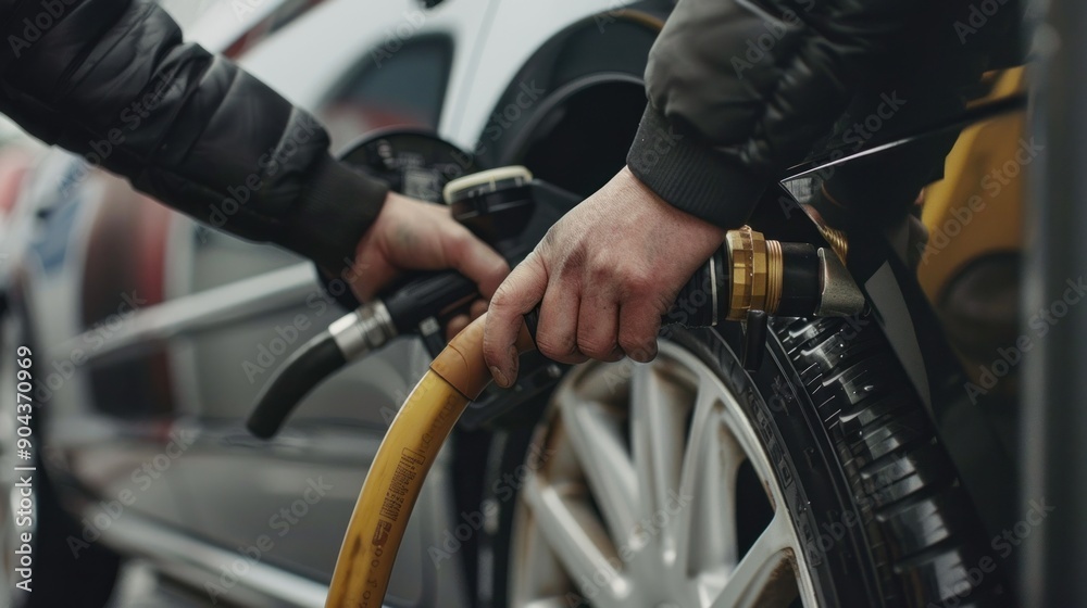 man driver hand inflating tires of vehicle, removing tire valve nitrogen cap for checking air pressure and filling air on car wheel at gas station. self service, maintenance and safety man driver hand inflating tires of vehicle, removing tire valve nitrogen cap for checking air pressure and filling air on car wheel at gas station. self service, maintenance and safety