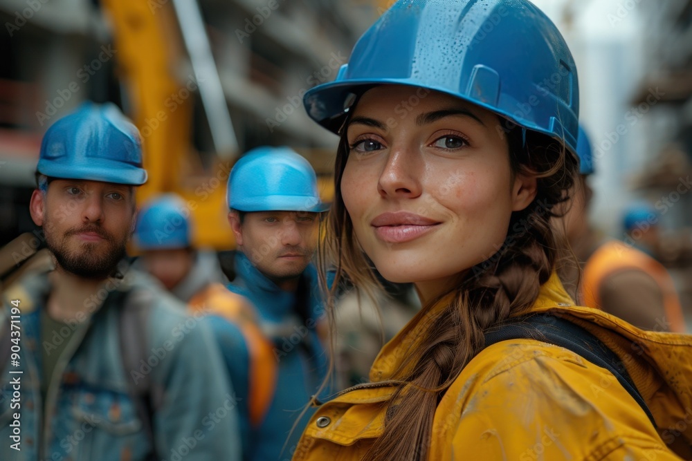 A confident female construction site manager stands in front of her team, wearing safety gear. A confident female construction site manager stands in front of her team, wearing safety gear.