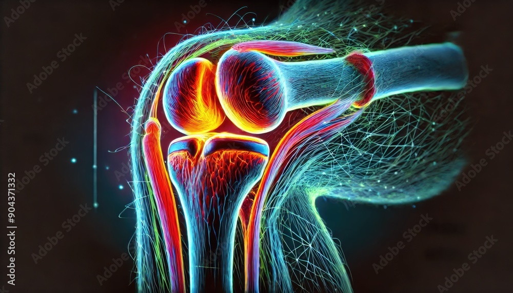 A detailed 3D render image of a human knee joint with inflammation in a ...