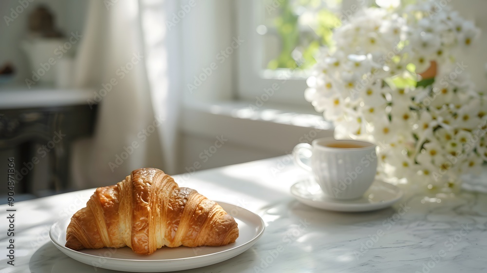 Cozy breakfast setup with a croissant and coffee on a marble table. The soft morning light and flowers create a warm and inviting atmosphere. Cozy breakfast setup with a croissant and coffee on a marble table. The soft morning light and flowers create a warm and inviting atmosphere.