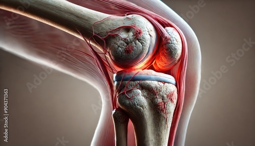 A detailed 3D render image of a human knee joint with inflammation in a cross-sectional view, highlighting the bones, cartilage, and surrounding tissues photo