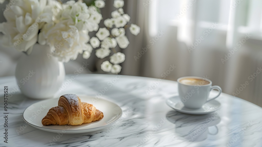 Cozy breakfast setup with a croissant and coffee on a marble table. The soft morning light and flowers create a warm and inviting atmosphere. Cozy breakfast setup with a croissant and coffee on a marble table. The soft morning light and flowers create a warm and inviting atmosphere.