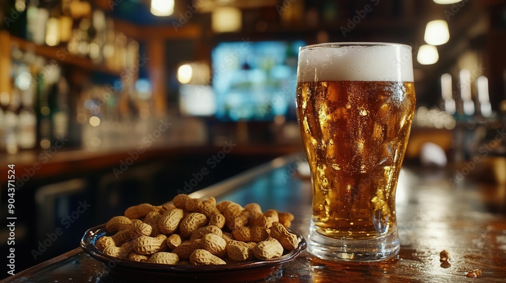 Cold lager with a serving of salted peanuts and mixed nuts, casual bar setting Cold lager with a serving of salted peanuts and mixed nuts, casual bar setting