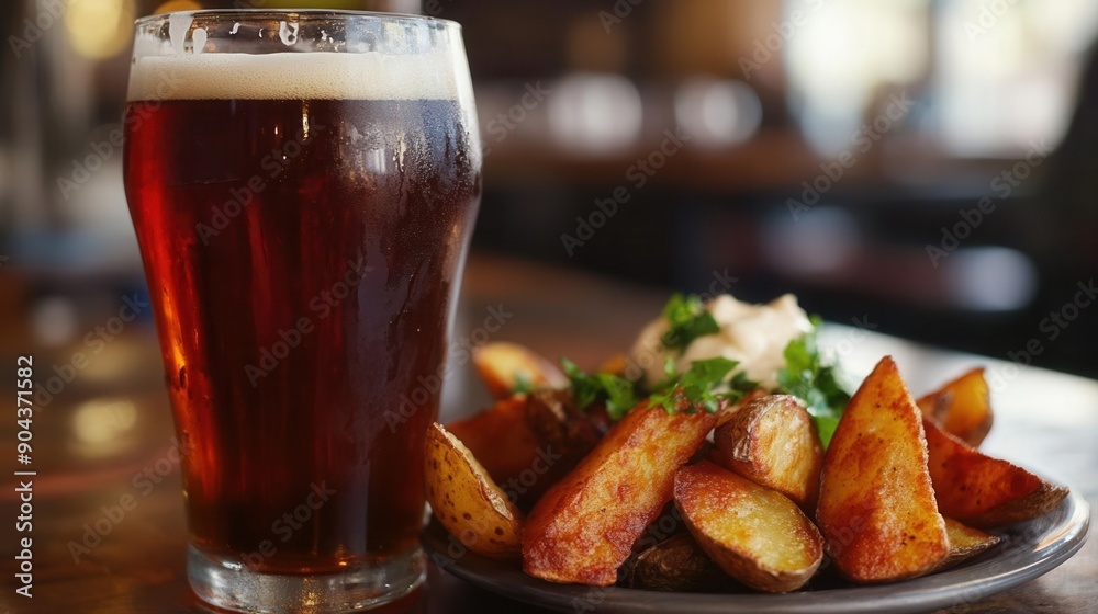 Red ale with a serving of crispy potato wedges and aioli, comforting and casual