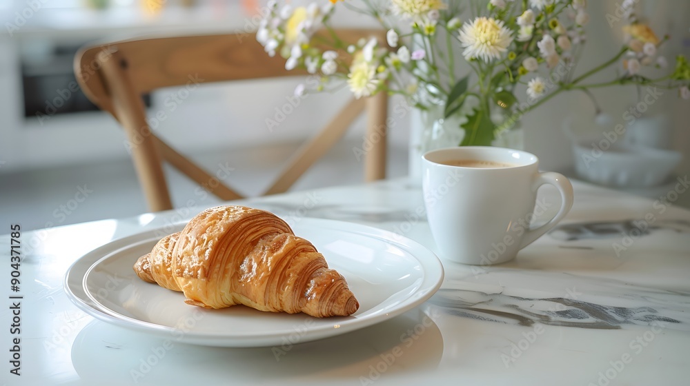 Cozy breakfast setup with a croissant and coffee on a marble table. The soft morning light and flowers create a warm and inviting atmosphere. Cozy breakfast setup with a croissant and coffee on a marble table. The soft morning light and flowers create a warm and inviting atmosphere.
