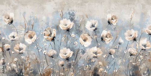 A vintage-style drawing in light beige tones is enhanced by a wallpaper depicting dried flowers on a texture background.