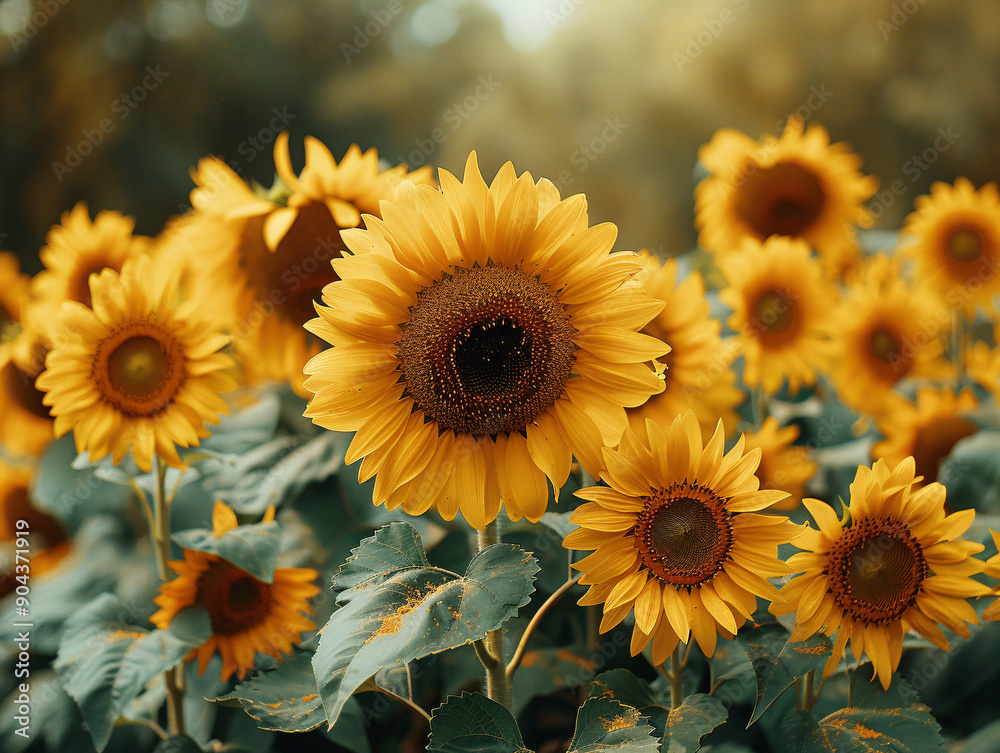 a field of sunflowers, with each flower in focus and bright yellow in color. a field of sunflowers, with each flower in focus and bright yellow in color.