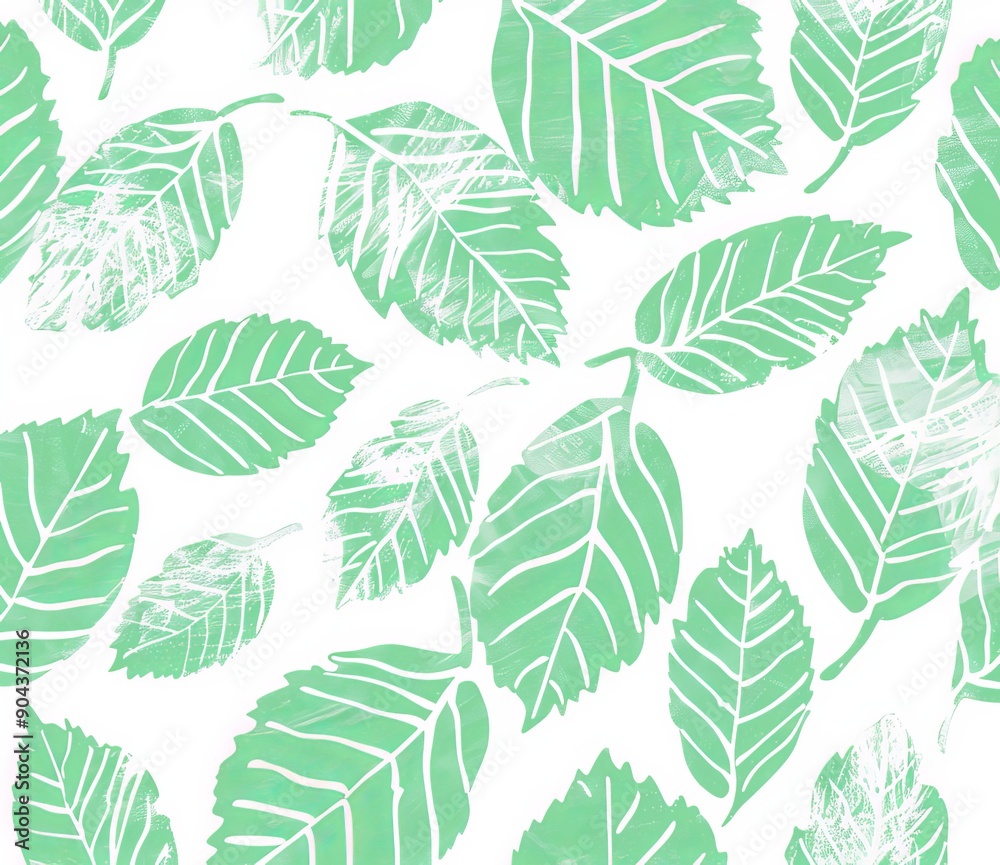 Fototapeta premium A seamless pattern of modern green leaves. A grid of abstract lines on a geometric background.