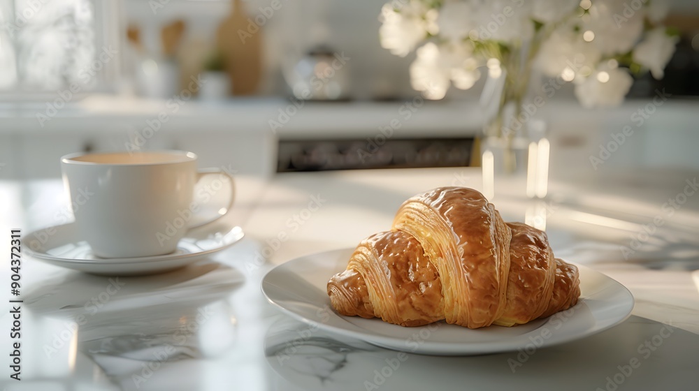 Cozy breakfast setup with a croissant and coffee on a marble table. The soft morning light and flowers create a warm and inviting atmosphere.