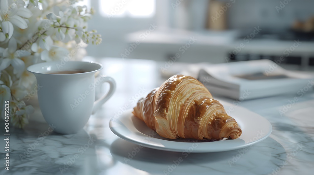 Cozy breakfast setup with a croissant and coffee on a marble table. The soft morning light and flowers create a warm and inviting atmosphere. Cozy breakfast setup with a croissant and coffee on a marble table. The soft morning light and flowers create a warm and inviting atmosphere.