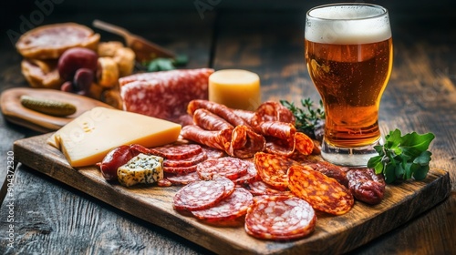 Pint of craft beer alongside a charcuterie board with various meats and cheeses